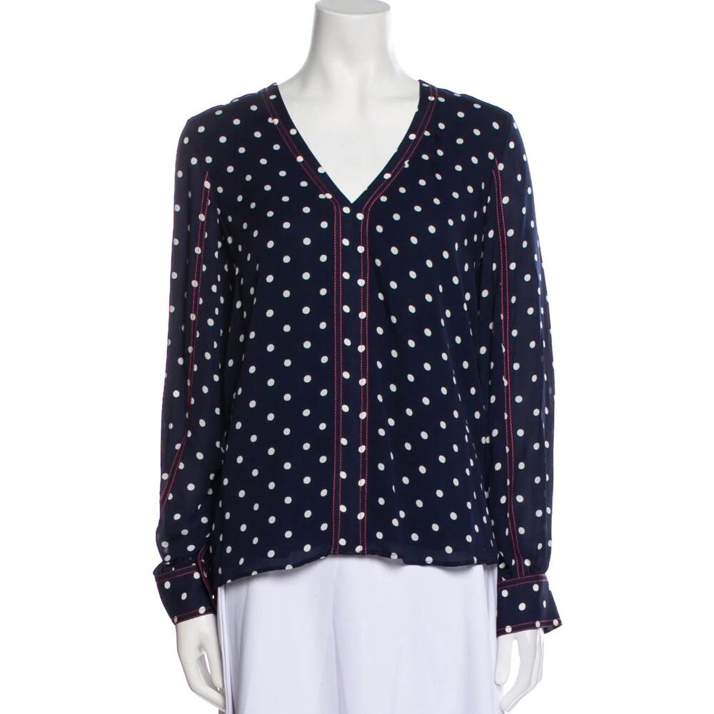 Tanya Taylor 100% Silk Polka Dot Nautical Navy Blue Blouse